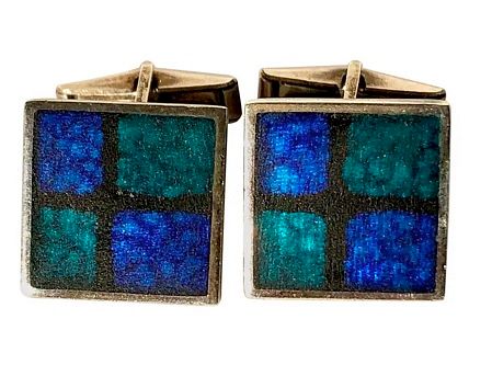 1950s Perli German Modernist Blue Grid Silver Enamel Cufflinks
