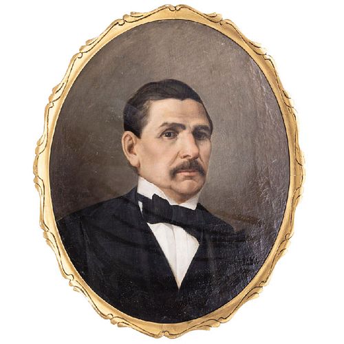 JOAQUÍN FLORES (MÉXICO, SIGLO XIX) RETRATO DE CABALLERO  Óleo sobre tela adherido a tabla Firmado y fechado 1879(?) Detall...