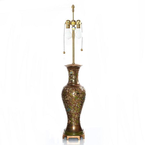 ASIAN BRONZE CLOISONNE CHAMPLEVE LAMP