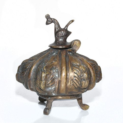 ANTIQUE PERSIAN BRONZE INKWELL WITH BIRD ATOP HINGED LID