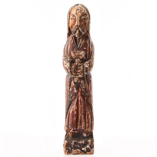 ANTIQUE WOODEN HAND CARVED FIGURE, MONK HOLDING CHALICE