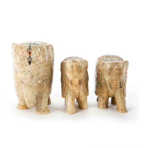 HAND CARVED INDIAN INLAID SOAPSTONE ELEPHANTS