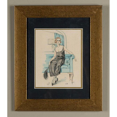 ANTIQUE FASHION DRAWING SKETCH PENCIL AND INK SIGNED