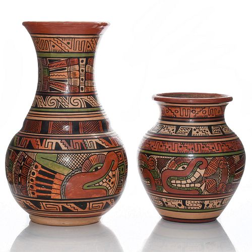 TWO PRE COLUMBIAN STYLE PAINTED TERRACOTTA VASES
