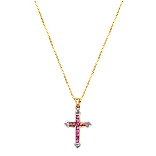 NECKLACE AND CROSS WITH RUBIES AND DIAMONDS IN 14K GOLD with 12 rubies and 12 diamonds. Size of cross: 0.6 x 1.1" (1.6 x 2.9 cm). Weight: 3.9 g