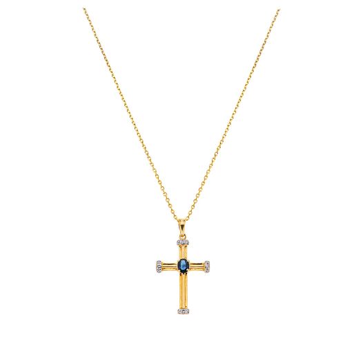 NECKLACE AND CROSS WITH SAPPHIRE AND DIAMONDS IN 14K GOLD with a faceted oval cut sapphire and 12 diamonds 8x8 cut. Weight: 3.3 g