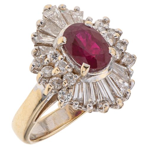 RING WITH RUBY AND DIAMONDS IN 14K GOLD with one oval cut ruby and 28 diamonds brilliant cut. Weight: 4.5 g. Size: 3 ½