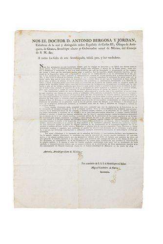 Bergosa y Jordan, Antonio. Edicto sobre la Abolición de la Inquisición por las Cortes de Cádiz. México, June 10, 1813. Rubric.