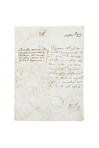 Yturbide, Agustín de. Carta para el Cambio de Armas Descompuestas por Utiles de Nicolás Bravo. México, October 23rd, 1821. Signature.