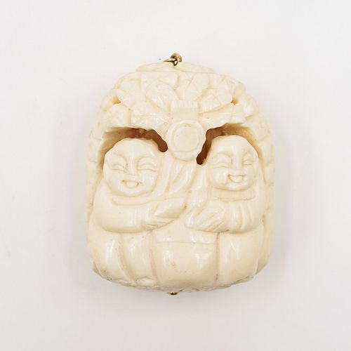 Chinese Carved Bone & Gold Pendant