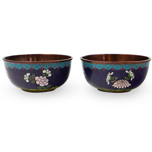 (2 Pc) Antique Chinese Enameled Cloisonne Rice Bowls