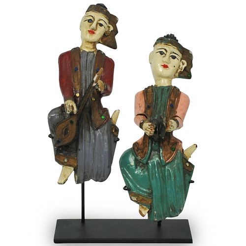 (2 Pc) Burmese Wood Carved Musician Figures