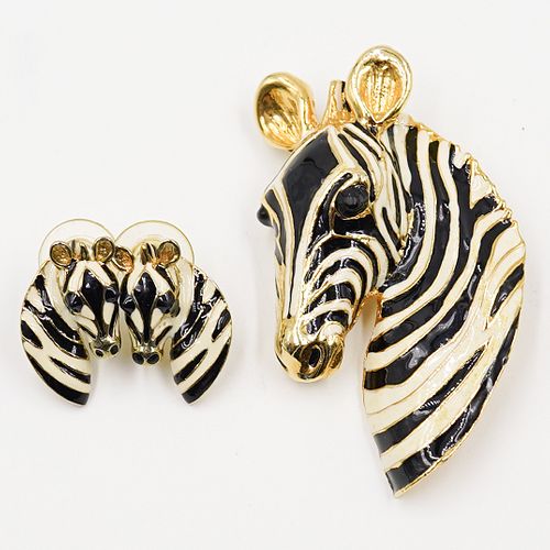 Enameled Zebra Brooch & Earrings