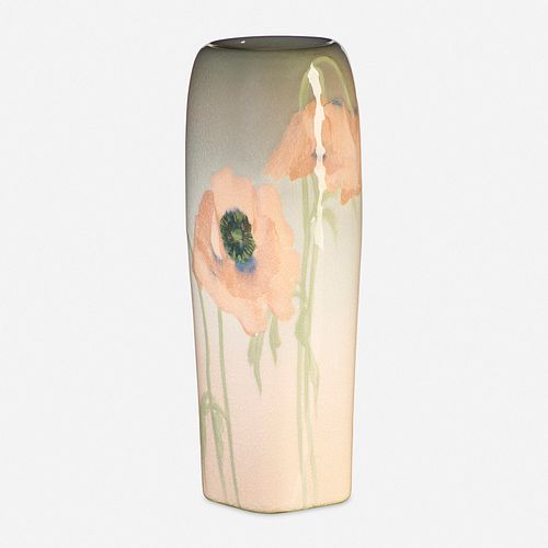 Lenore Asbury for Rookwood Pottery, Iris Glaze vase with poppies