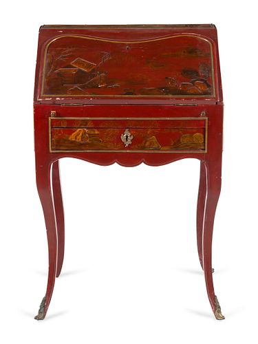 A Louis XV Red Chinoiserie Lacquered Slant-Front Bureau