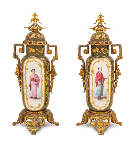 A Pair of French Japonesque Gilt Metal Mounted Porcelain Covered Vases 