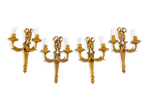 A Set of Four Louis XV Style Gilt Bronze Two-Light Sconces
