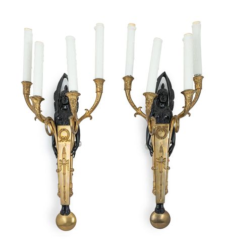 A Pair of Empire Style Gilt and Patinated Bronze Sconces