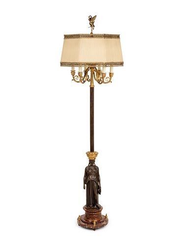 An Empire Style Gilt and Patinated Bronze Candelabrum Mounted as a Floor Lamp