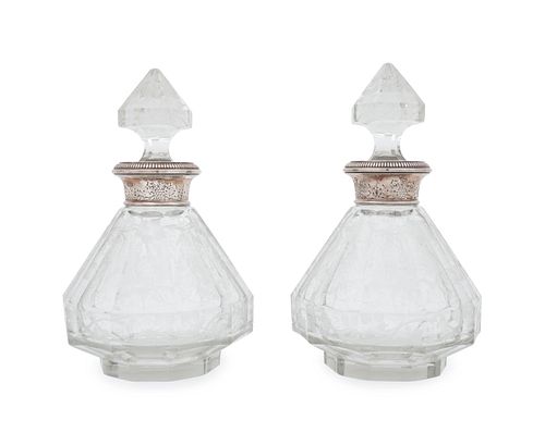 A Pair of Large French Silver Mounted Cut Glass Wine Decanters