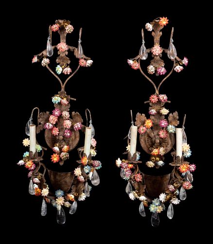 A Pair of French Wrought Iron, Ta´le, Porcelain and Rock Crystal Two-Light Sconces