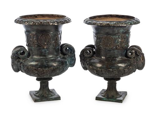 A Pair of Neoclassical Style Patinated Metal Urns