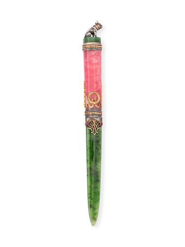 A Russian Gold and Gemstone Mounted Hard-Stone Letter Opener