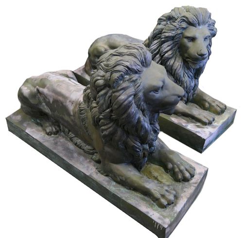 PAIR OF PALATIAL BRONZE MALE LIONS WELCOMERS
