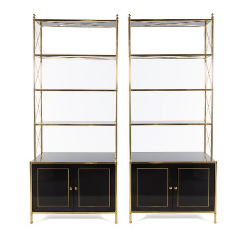 A Pair of Regency Style Brass and Simulated Lacquer Etageres in the Style of Billy Baldwin