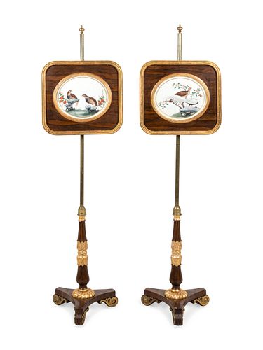 A Pair of Regency Parcel Gilt Grain-Painted Pole Screens with China Trade Pith Paintings