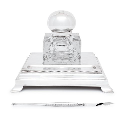 A Russian Silver Mounted Cut Glass Inkwell and Stand