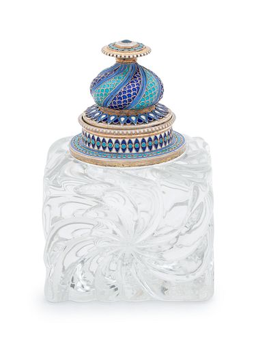 A Russian Silver and Enameled and Cut Glass Inkwell