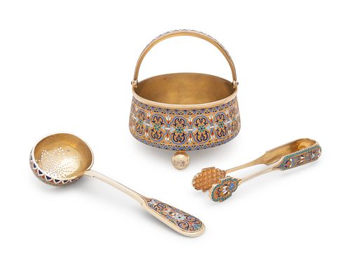 A Russian Silver-Gilt and Enameled Sugar Bowl, Tongs and Scoop