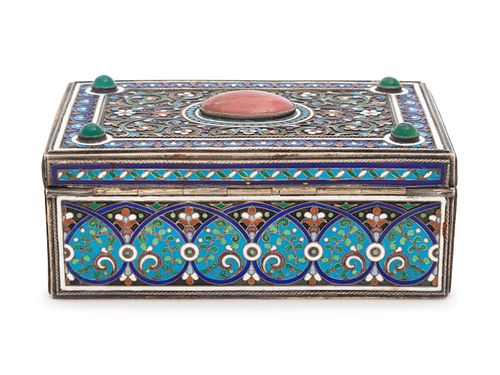 A Russian Silver, Enameled and Cabochon-Inset Table-Top Cigarette Box