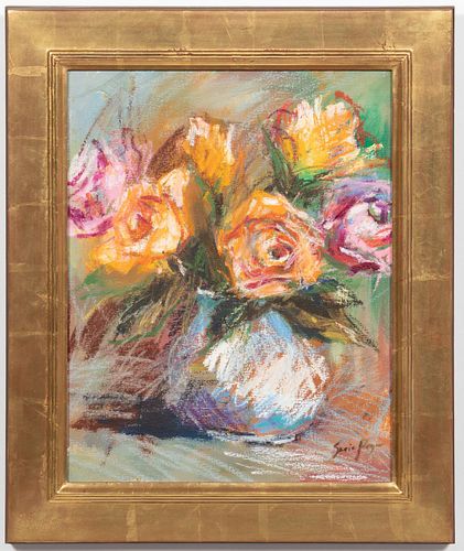 SUSIE PRYOR, "ROSES ON GREY" OIL ON CANVAS