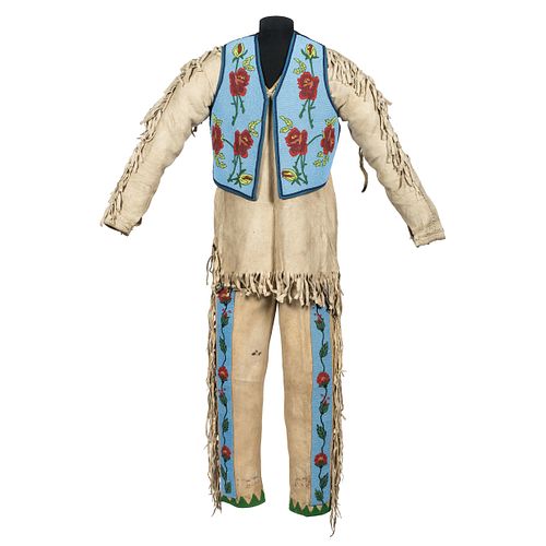 Nez Perce Hide Shirt, Leggings, and Crow Vest, From the Stanley B. Slocum Collection, Minnesota