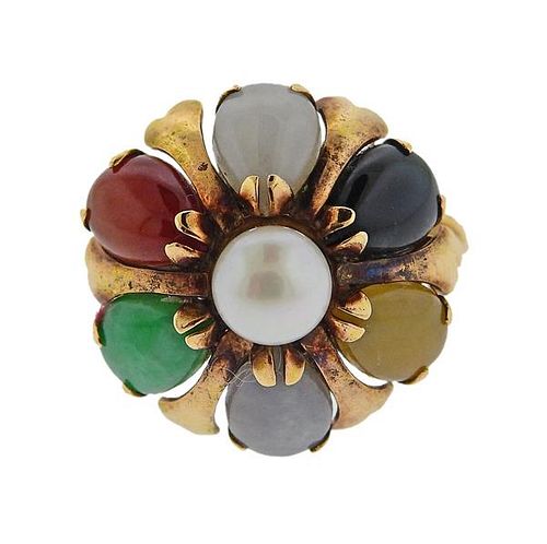 14K Gold Multi Color Jade Pearl Ring