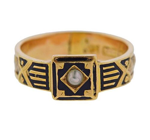 English Antique Victorian 15K Gold Pearl Enamel Band Ring