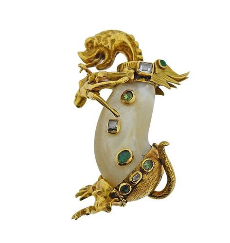 22k Gold Pearl Gemstone Mythical Creature Brooch Pin 