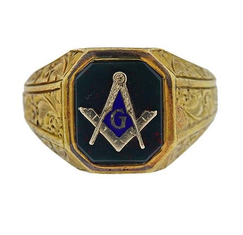 Antique 14K Gold Bloodstone Enamel Masonic Men&#39;s Ring
