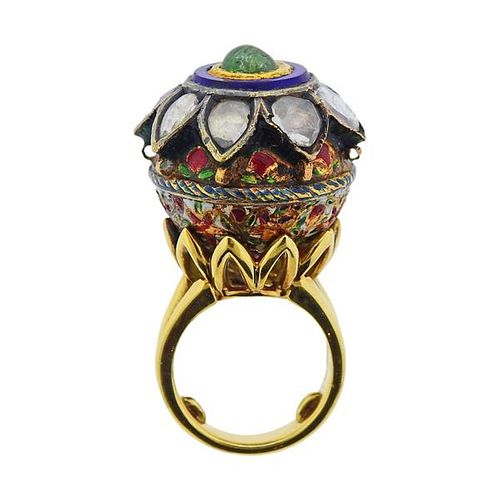 Indian 18K Gold Enamel Color Stone Dome Ring