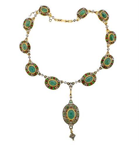 18k Gold Diamond Emerald Enamel Necklace 