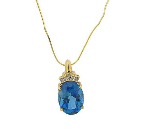 14k Gold Diamond Blue Stone Pendant Necklace