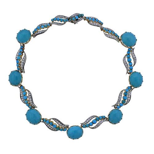 Mid Century Diamond Turquoise 18k Gold Necklace