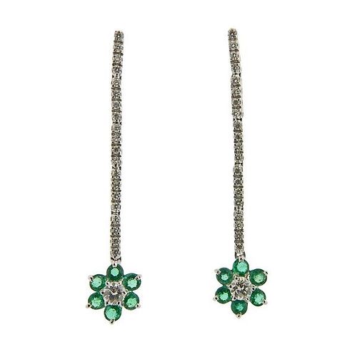 Italian 18k Gold Diamond Emerald Flower Drop Earrings