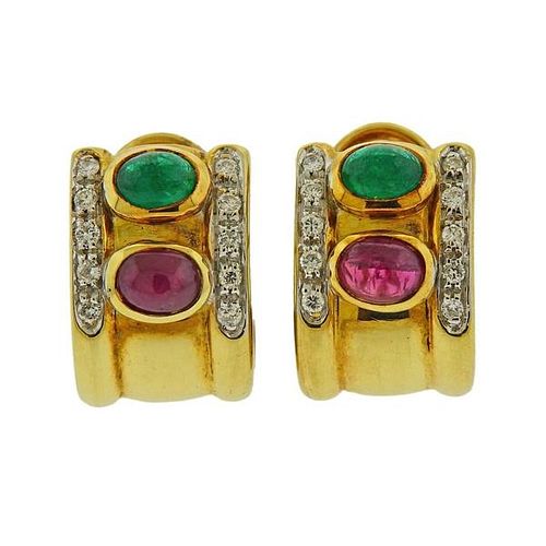 18k Gold Diamond Emerald Ruby Half Hoop Earrings