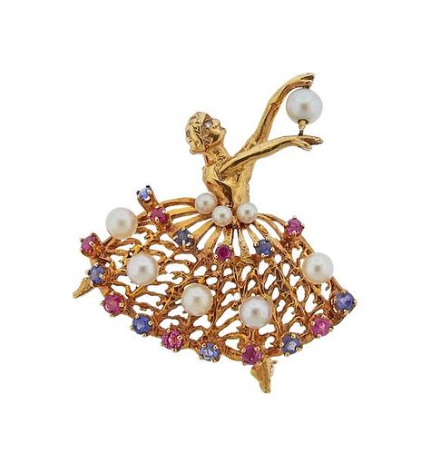 Retro 14k Gold Pearl Ruby Sapphire Ballerina Brooch