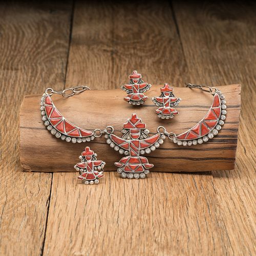 Zuni Coral and Silver Knifewing Necklace, Ring, and Earring Set
