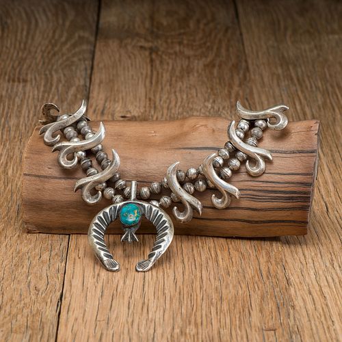 Navajo Sandcast Silver and Turquoise Squash Blossom Necklace, ex Lynn Trusdell Collection (1938-2008), Pennsylvania