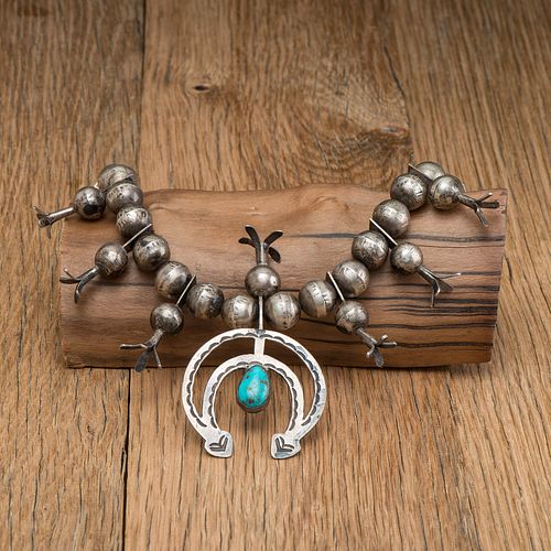 Navajo Silver and Turquoise Squash Blossom Necklace